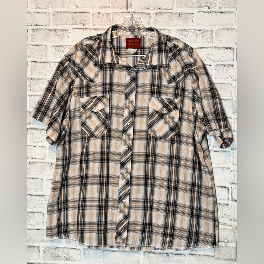 Vintage Men's Plaid Short Sleeve Shirt pearl snaps pockets size XXL long tail‎